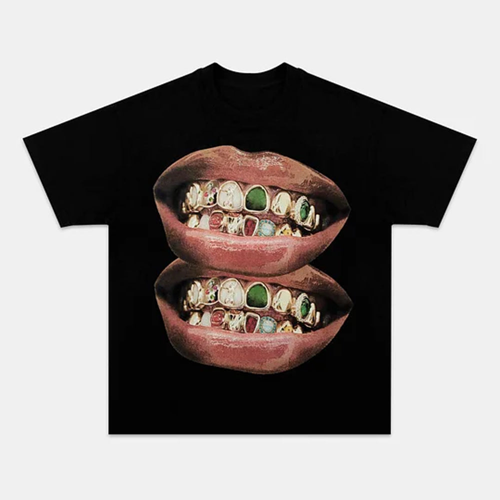 Exclusive Fashion Gold & Jade Grills Lip Print Tee