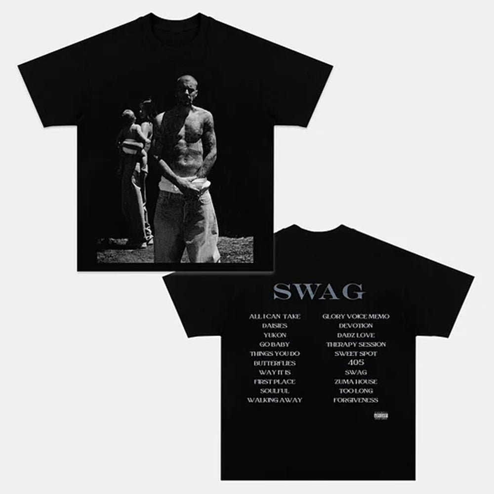 Justin Bieber Swag graphic tee with a front and back print in black, from 6ix Merchandise