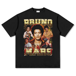 Black Bruno Mars tee with gold block lettering and a collage of his leather jacket and bowler hat looks