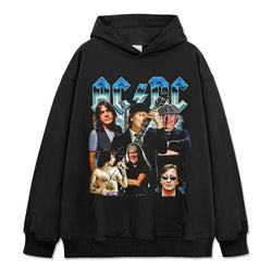Black AC/DC hoodie with chrome blue lightning-style band lettering above a six-photo montage