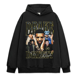 Black Drake hoodie with gold-outlined DRAKE and DRIZZY lettering, script signature and a five-photo montage