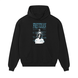 Black Daniel Caesar hoodie with pale blue sketchbook artwork headed FREUDIAN, handwritten song titles and two portraits