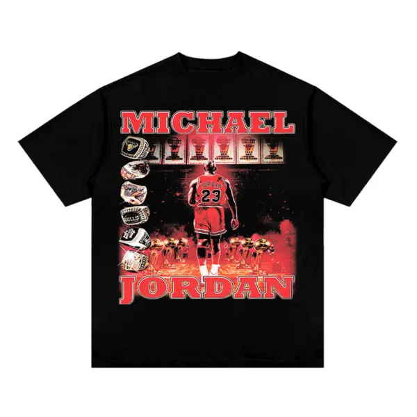 M Jordan Tee NBA – Red Letters, Rings Column