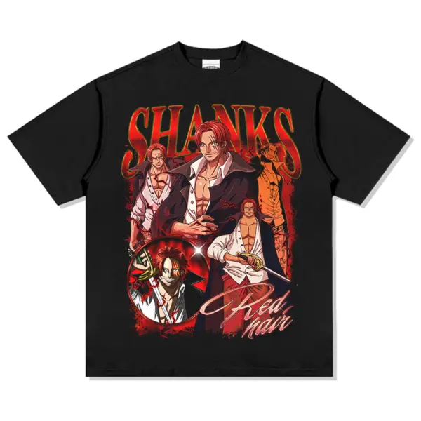 Shanks One Piece Anime Tee – Red Hair Script Collage