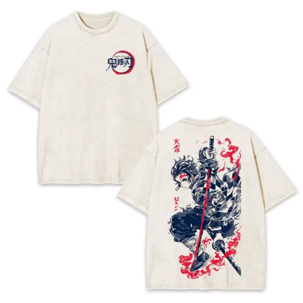 Tanjiro Demon Slayer Oversized Tee – Navy Ink Flames Back