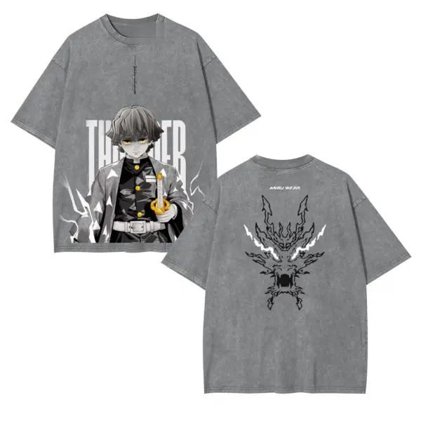 Zenitsu Demon Slayer Washed Graphic Tee – Thunder Text, Dragon Back